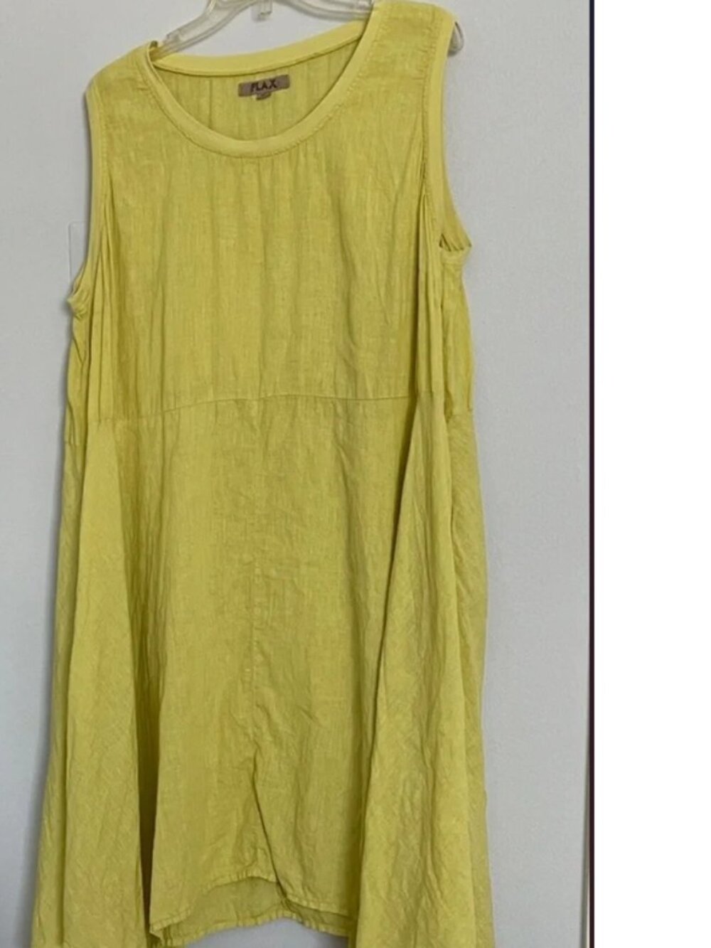 Flax Sleeveless 100%  Linen Summer A-Line Dress in Lime Yellow pockets XL
